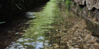 水流特写镜头。淡水在河中流淌。自然资源的概念。清新、纯净、自然的生态水