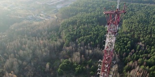 在乡村森林背景下的电信塔的顶部