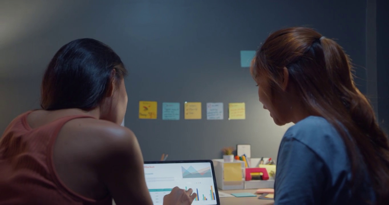 加班的亚洲女性使用平板电脑(见图表)，晚上在家办公室与同事讨论工作财务战略计划。自我隔离、保持社交距离、隔离冠状病毒。