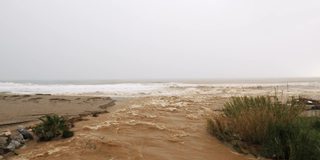 大风暴过后，浑浊的河流带着棕色的脏水和垃圾流入大海。暴风雨过后的海滩，许多树枝和塑料随着河水出现。环境污染