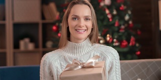 肖像女子在温暖的毛衣摆造型与节日礼物盒圣诞树冬季节日祝贺
