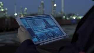 女主管使用具有未来现实技术的数码平板电脑在夜间检查石化工厂视频素材模板下载