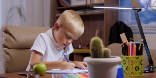 一个小孩子在家做作业，他坐在书桌前写笔记本。