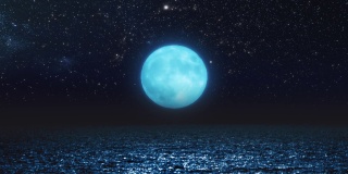 满月和海洋地平线上的星空。静态图像动画。
