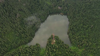 一架无人机飞过一个被森林包围的小湖。视频素材模板下载