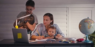 压力大的母亲带着年幼的孩子在家庭办公室工作，隔离概念。