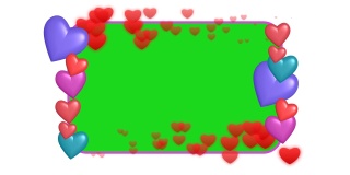 摇摆的心在绿色屏幕框架和浮动的红心孤立在白色背景。情人节、婚礼和订婚视频剪辑。