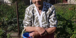 疲惫的奶奶满脸皱纹，站在菜园子里说话