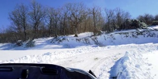 阳光明媚的骑在雪乡路上，开车经过雪山公路