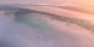 无人机在清晨浓雾笼罩的农田上空飞行。