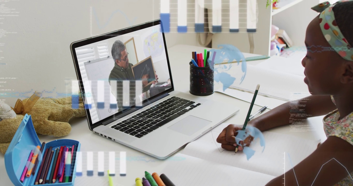 非裔美国女孩使用笔记本电脑进行在线教学的数字界面动画