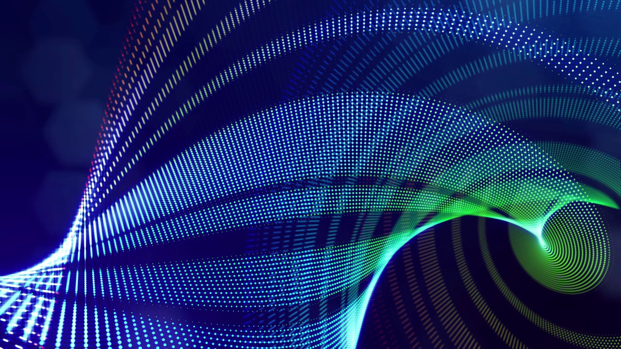 蓝色高科技bg与辉光粒子形成复杂的螺旋结构。三维环形科幻bg数字空间，粒子形成线和面波。高科技信息流概念，区块链。景深