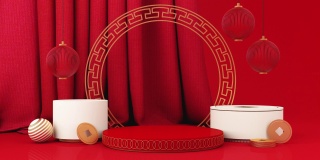 春节风格的红白领奖台产品展柜以黄金和礼品、彩灯、中国图案场景为背景。2022年虎年节日的传统节日概念。3 d渲染动画