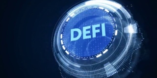 DeFi -去中心化金融在深蓝色抽象多边形背景。区块链概念，分散金融体系。
