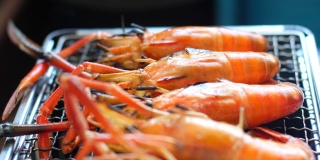 烤炉上烤的一组鲜虾。烹饪海鲜，烧烤派对，户外露营。