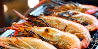 烤炉上烤的一组鲜虾。烹饪海鲜，烧烤派对，户外露营。