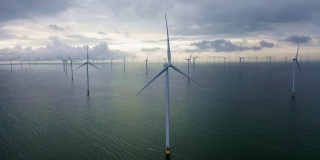 鸟瞰图。巨大的风车矗立在荷兰伊塞米尔河畔的海上