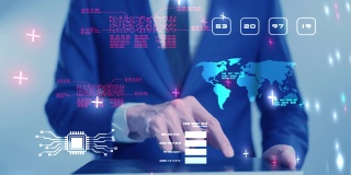 金融业务图图数据报告，加密，区块链交易，专业顾问顾问商人套装平板电脑呈现全球商务信息虚拟会议全息技术