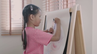 亚洲小女孩用彩笔在纸上画画视频素材模板下载