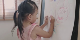亚洲小女孩用彩笔在纸上画画