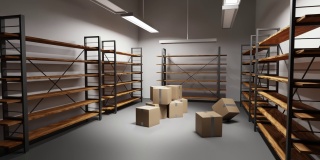 3d动画仓库与堆放的纸箱和空货架。储藏室内部有货物，货物或包裹，金属底座上的木制架子。仓库在商店，车库或市场