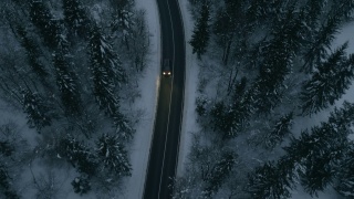 汽车在雪原森林旁行驶视频素材模板下载