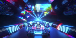 钻石车正高速穿过隧道。蓝色霓虹灯。无缝循环的3d动画