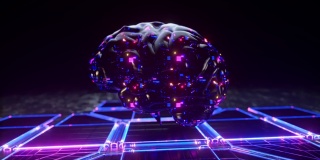 未来的概念。玻璃大脑从一个透明的壳中浮现出来。蓝粉色霓虹灯。三维动画