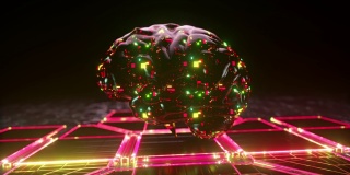 未来的概念。玻璃大脑从一个透明的壳中浮现出来。绿红霓虹灯。三维动画