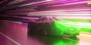 未来的概念。跑车在发光的霓虹灯线的背景上。绿色氖激光器。无缝循环的3d动画
