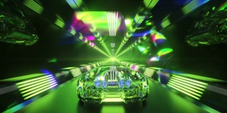 钻石车正高速穿过隧道。绿色霓虹灯。无缝循环的3d动画