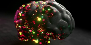 未来的概念。玻璃大脑覆盖着成千上万的连接和微电路。红绿色。三维动画