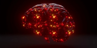 未来的概念。玻璃大脑覆盖着成千上万的连接和微电路。红色的霓虹灯。三维动画