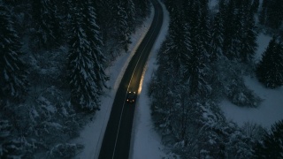 汽车在雪原森林中行驶视频素材模板下载