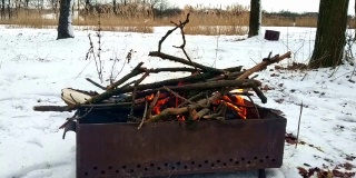 在积雪的森林里，用树枝点燃火盆。