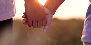 幸福的家庭的概念。两个小妹妹的手牵手一起跑过田野与日落阳光闪耀在美丽的自然背景，慢镜头。