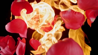 红玫瑰花瓣在火焰中飞舞-爱情和激情在慢动作视频素材模板下载