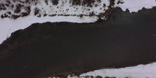 无人机在冬季暴风雪下的山区河流上方拍摄