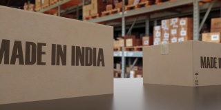 传送带上印着“印度制造”文字的盒子。俄罗斯商品相关可循环3D动画