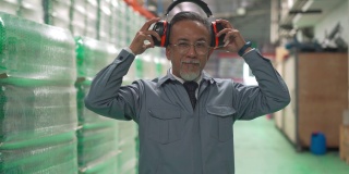 有趣的高级男性肖像亚洲中国仓库工厂经理看着相机做鬼脸