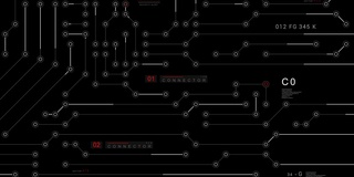 技术连接HUD出现动画。png Alpha。技术主板电路HUD与编程文本和信息图形元素出现动画。抽象的技术背景