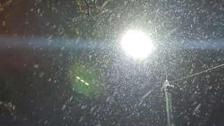 在夜晚明亮的灯笼的背景下观看飘落的雪花。背景自然的冬天飘落的雪视频素材模板下载