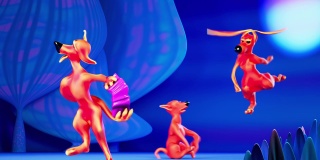 三只卡通狗在舞台上滑稽地跳舞和演奏音乐。三维视频，运动，循环
