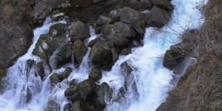 来自瀑布“Kegon瀑布”的小溪，近距离观察。秋天的日本风景很美