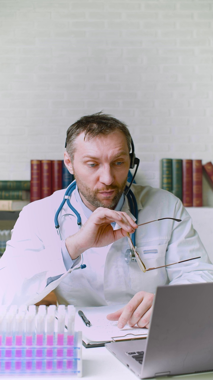 一个医生在在线视频通话中谈论最新研究的垂直视频。他摘下眼镜，积极地打着手势，谈论着这些发现