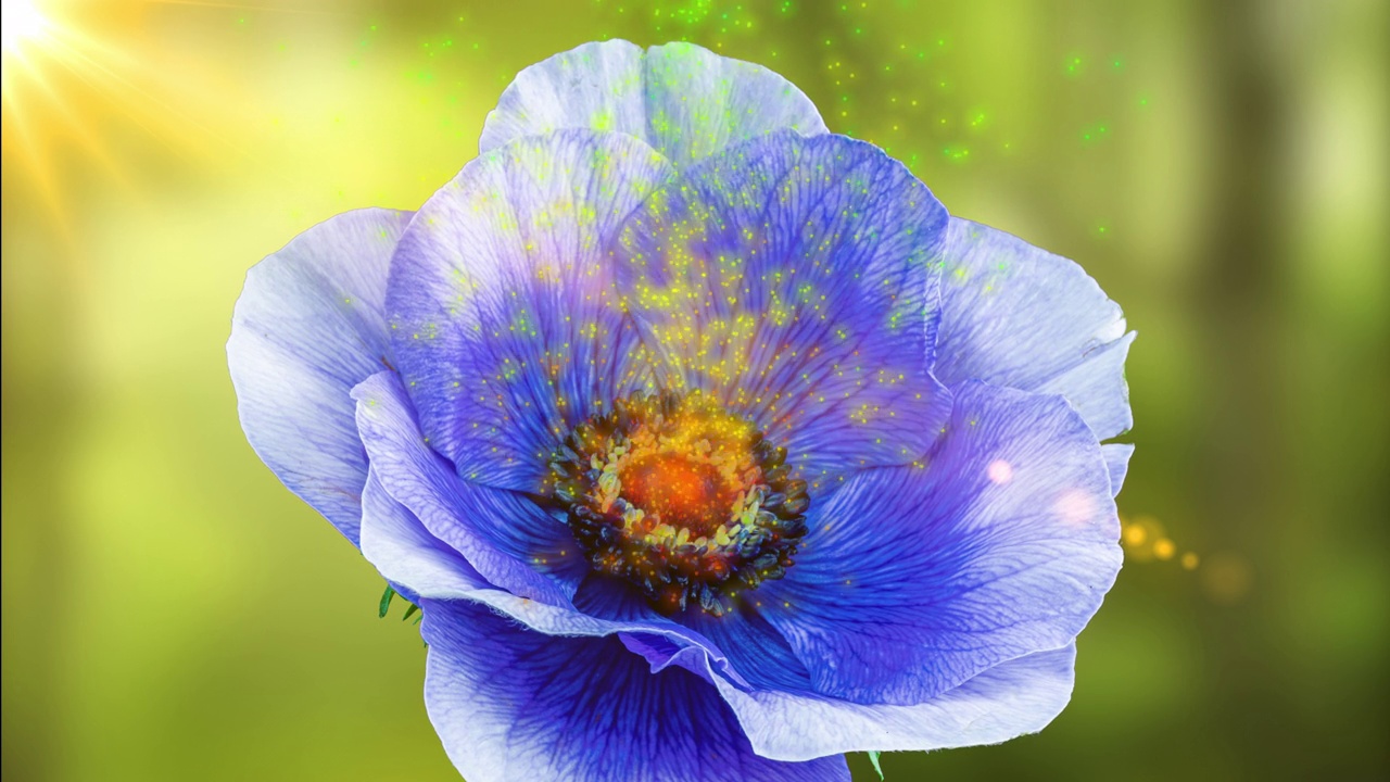 美丽的蓝色海葵在森林和阳光的映衬下盛开。彩色的粒子从银莲花的中心飞出来。2022年趋势的颜色。很仙女。婚礼背景，情人节的概念。生日群。