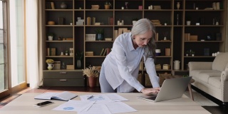 年长的女商人在笔记本电脑上工作，使用纸质文件中的统计数据