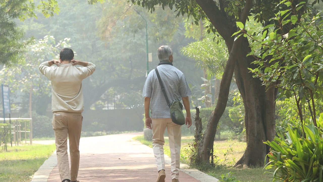 老人和他儿子在公园散步的后视图