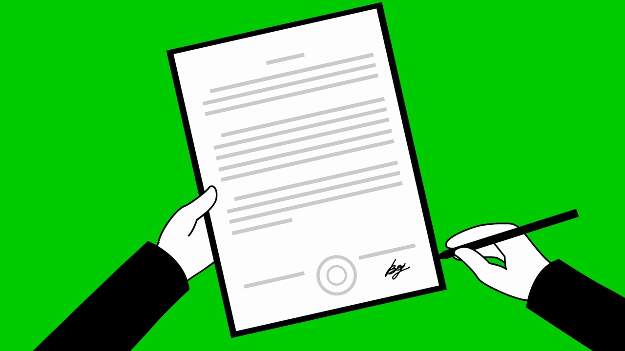 动画合同签署。人的手用笔在文件上签字。协议、交易、合同、申请、签字的概念。毛圈的视频。矢量插图孤立在绿色背景。