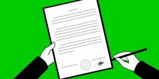 动画合同签署。人的手用笔在文件上签字。协议、交易、合同、申请、签字的概念。毛圈的视频。矢量插图孤立在绿色背景。